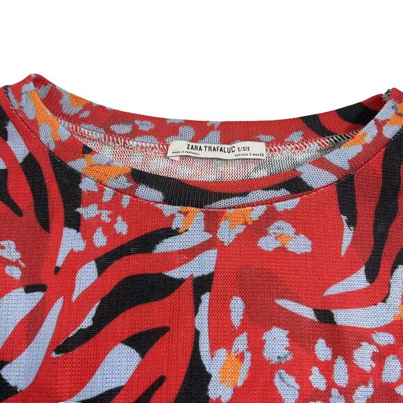 Zara Trafaluc Collection Red Flowy Crop Top Sz Small Red Blue Orange Tie Sleeve - Picture 9 of 11